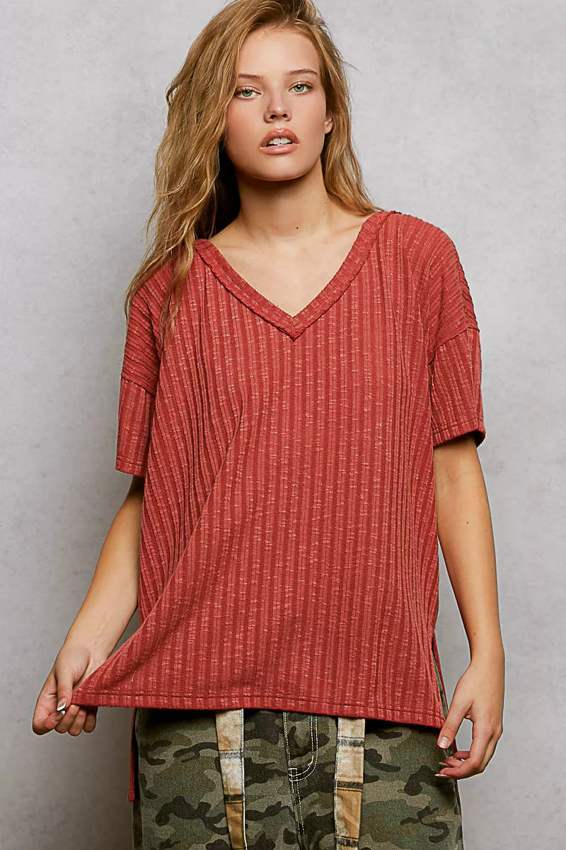 Terra cotta ribbed knit V-neck short sleeve t-shirt with relaxed drape