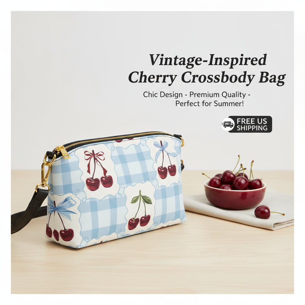 Blue Cross Body Purse | Personalized Gingham & Cherry Shoulder Bag
