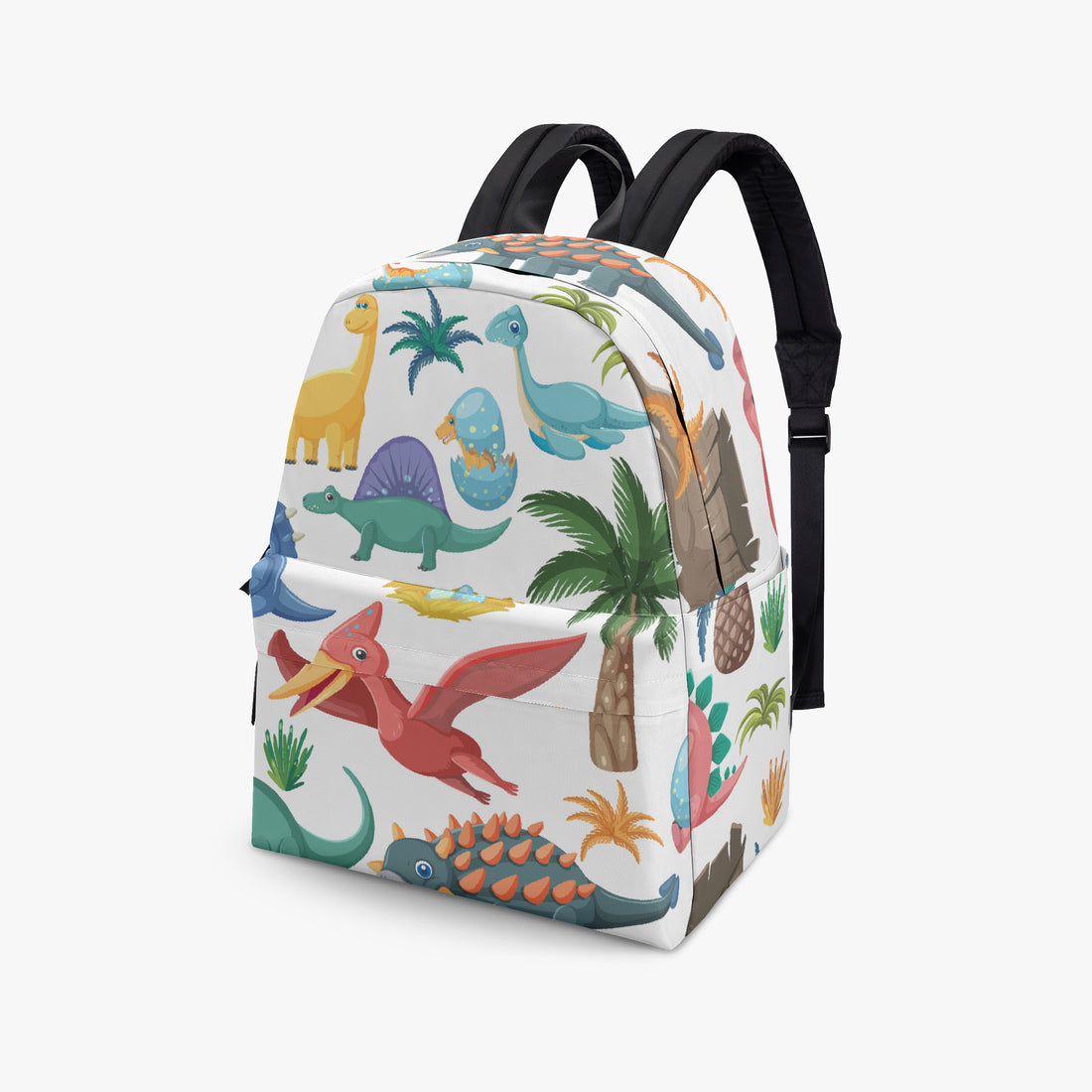 Kids dinosaur backpack three-quarter view, white background with multicolor dinosaur scene and black straps