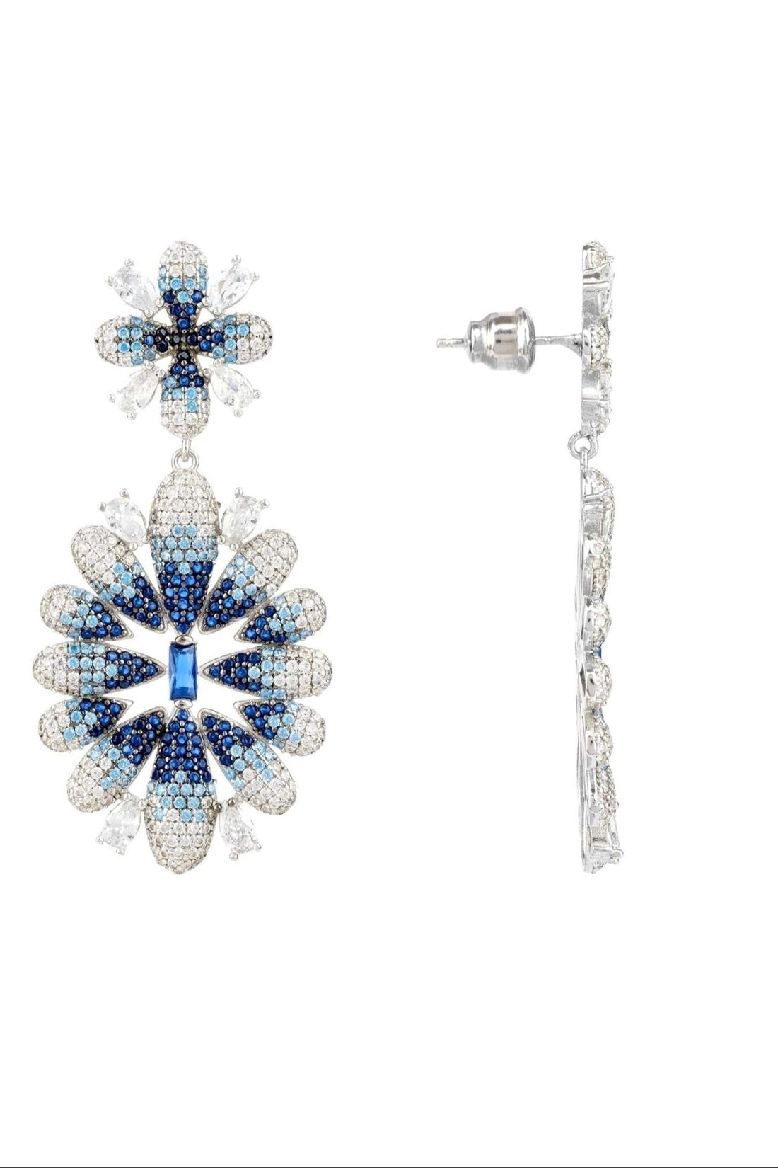 Crystal flower drop earrings, silver-tone setting with dangling blue floral charms