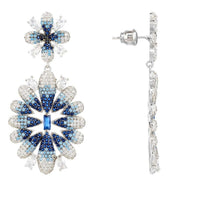 Crystal flower drop earrings, silver-tone setting with dangling blue floral charms