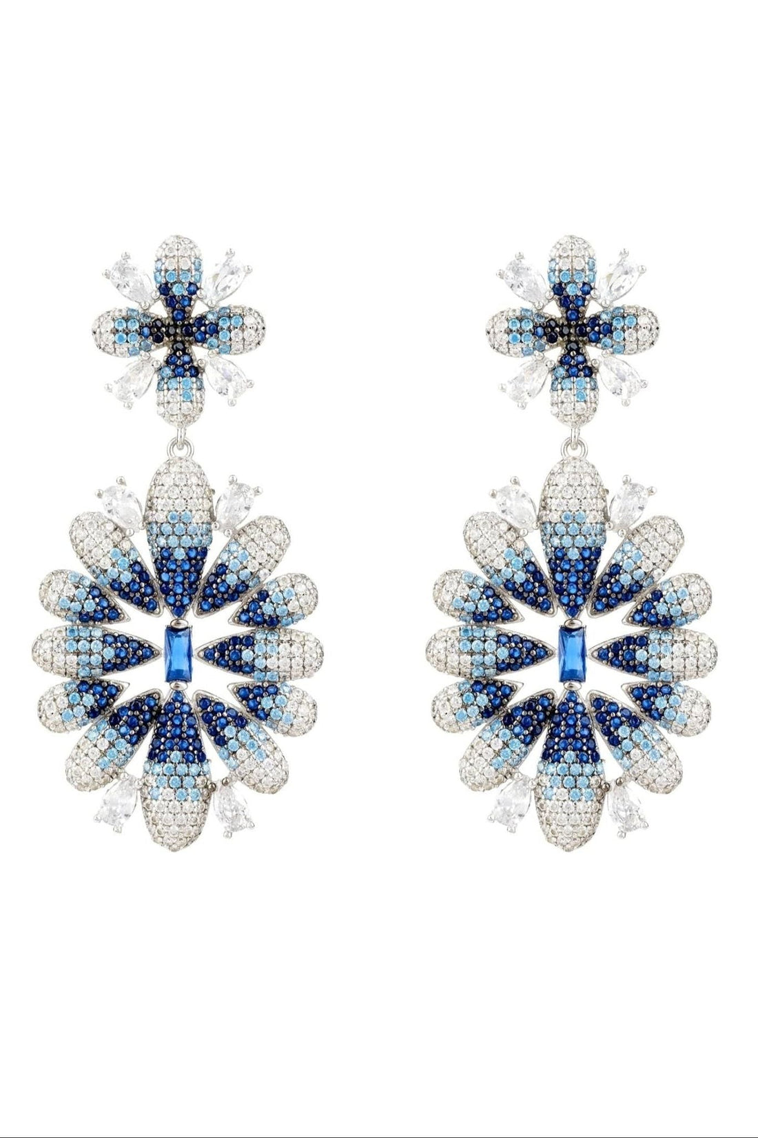 Ice blue gradient crystal flower drop earrings with silver-tone dangles