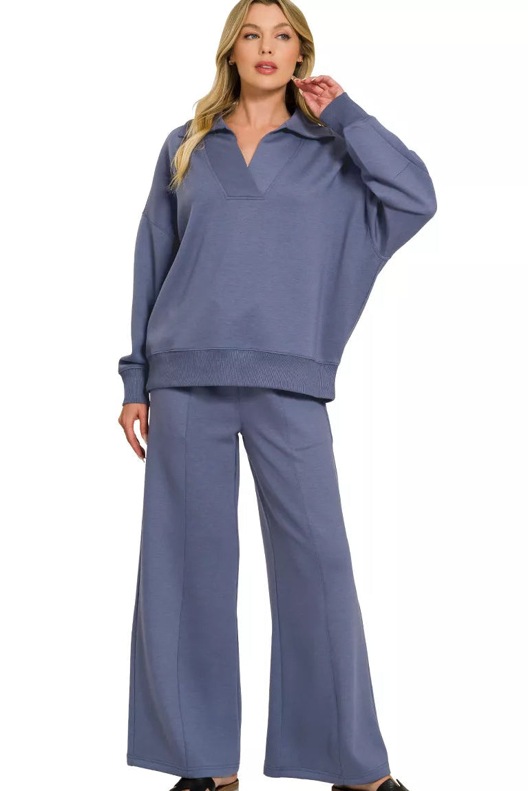 Blue indigo collared pullover and wide-leg center-seam pants set