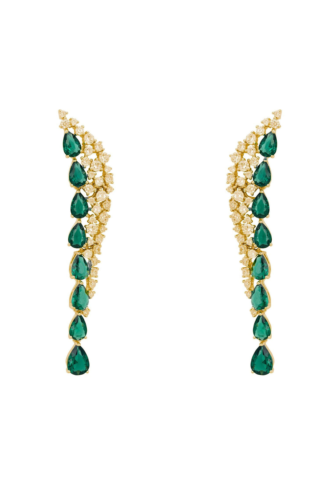 Gemstone drop earrings with emerald teardrops and gold floral setting