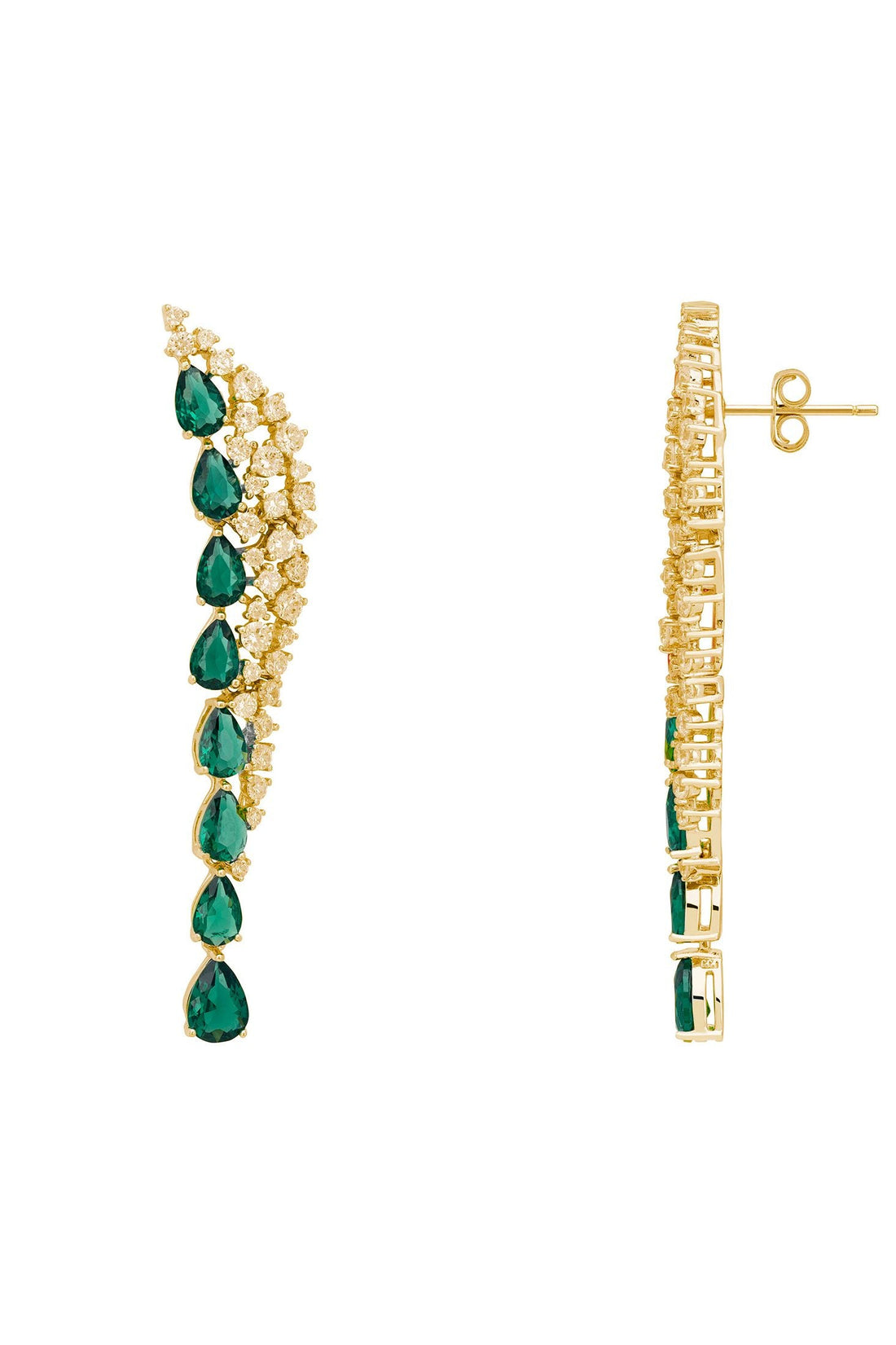 Gold-tone drop earrings with emerald green oval gemstones and hinged back