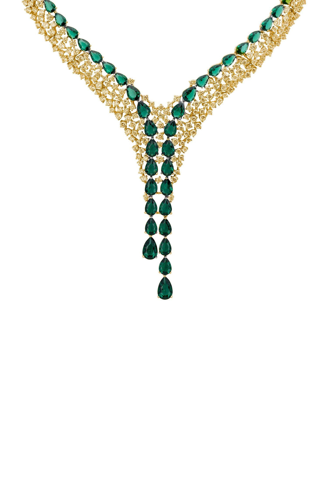 Gold-plated statement necklace with emerald-green teardrop gems and gold chain