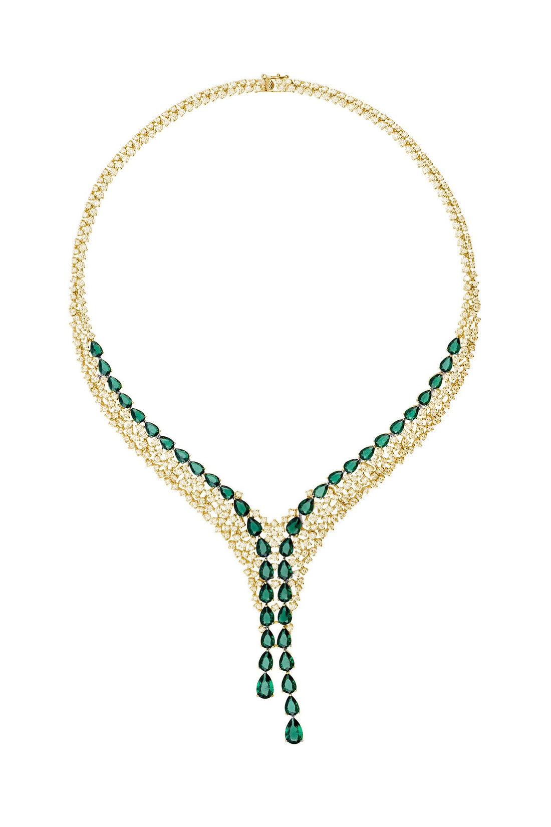 Gold-plated statement necklace with oval emerald-green stones and dangling drops
