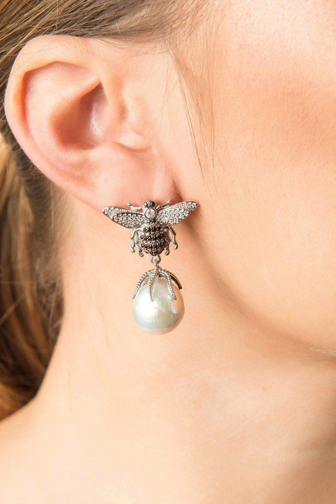 Bee drop earrings with pear-shaped pearl drop and crystal wing details