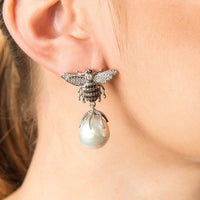 Bee drop earrings with pear-shaped pearl drop and crystal wing details