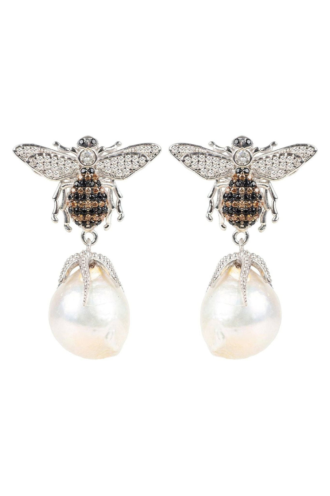 Silver-tone bee drop earrings with pear-shaped pearl drops and crystal wings