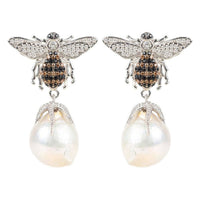 Silver-tone bee drop earrings with pear-shaped pearl drops and crystal wings