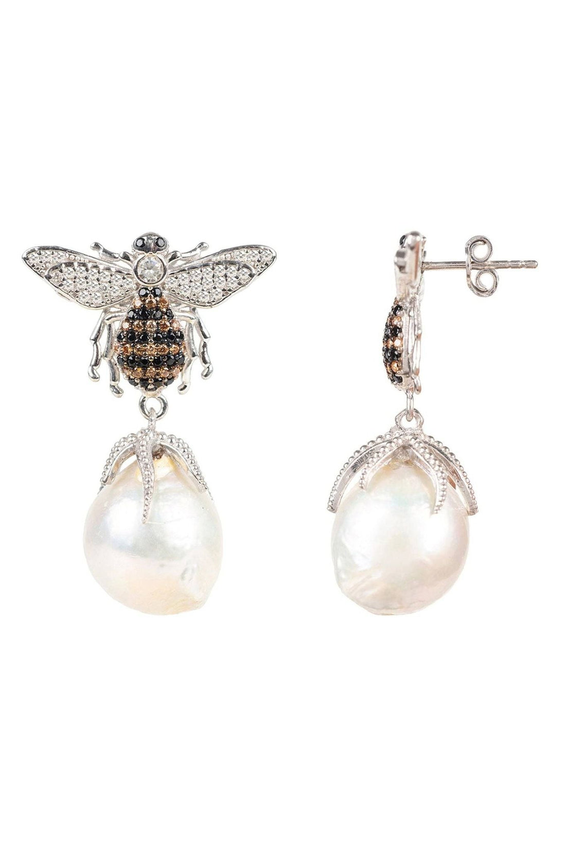 Bee drop earrings with pear-shaped pearl drops and hinged post backs