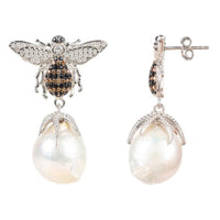 Bee drop earrings with pear-shaped pearl drops and hinged post backs
