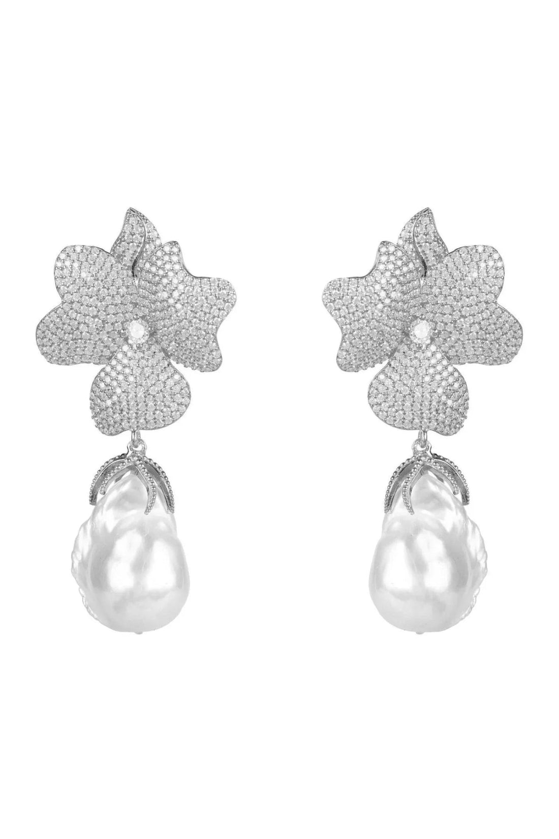 Silver flower drop earrings with textured petals and white pearl dangle