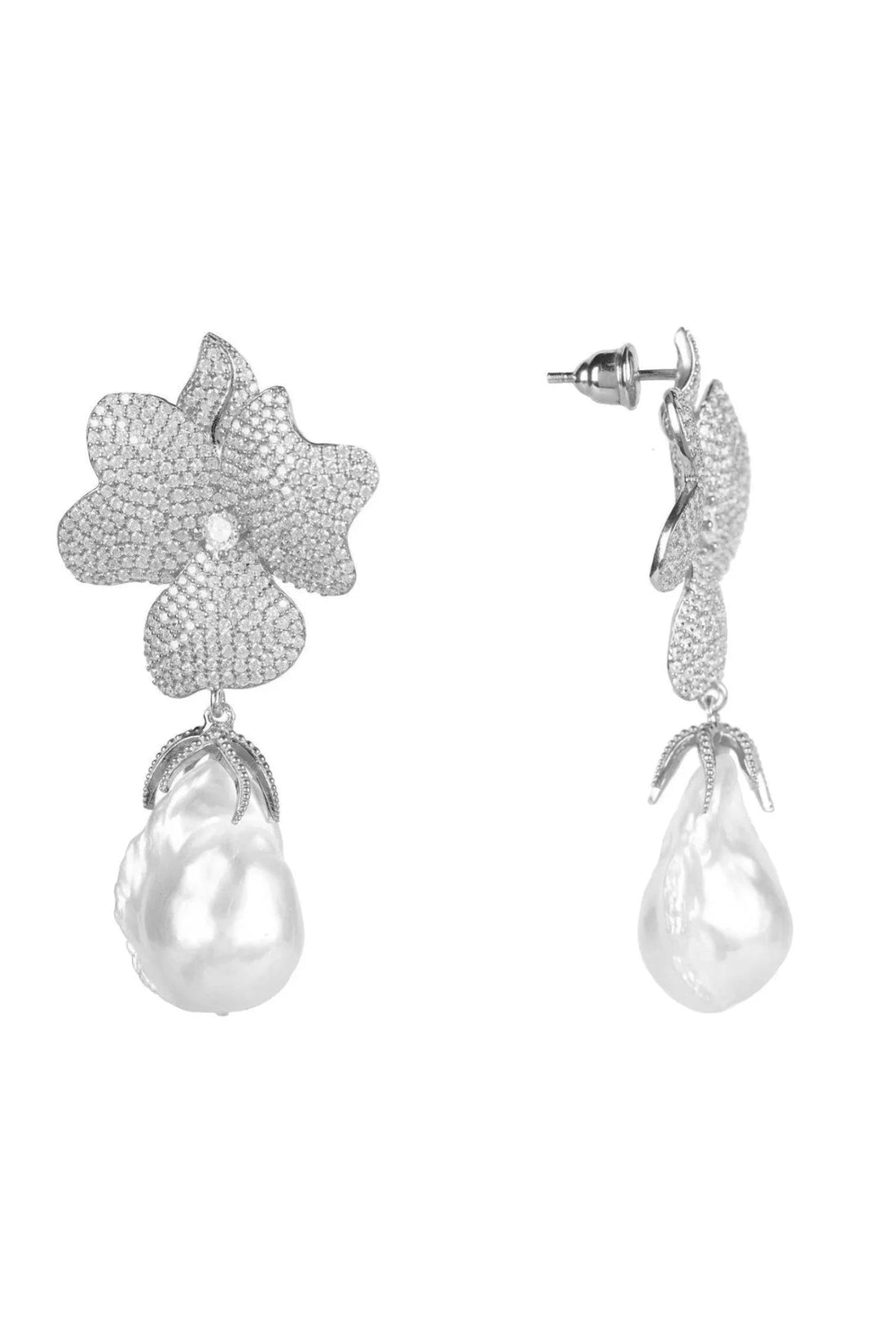Silver textured flower drop earrings with hoop-like backs and white pearl