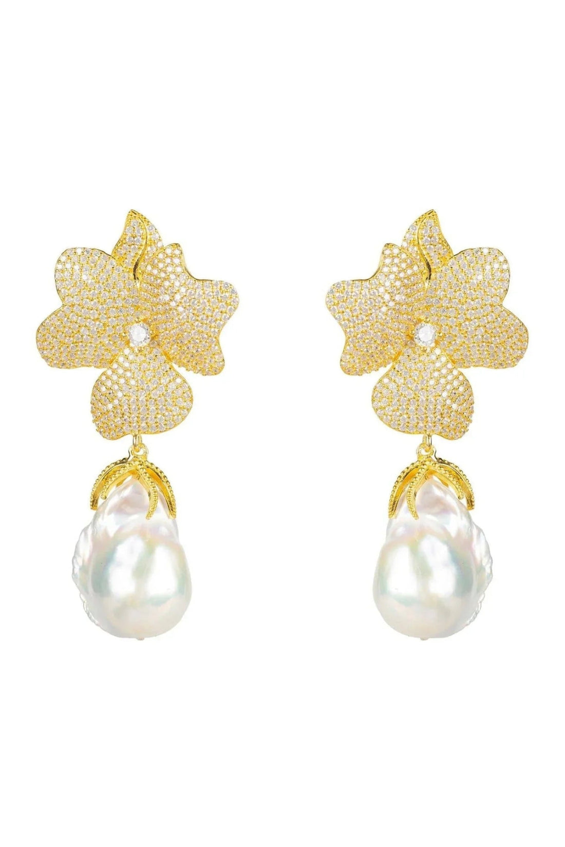 Baroque Pearl White Flower Earrings Yellow Gold-0
