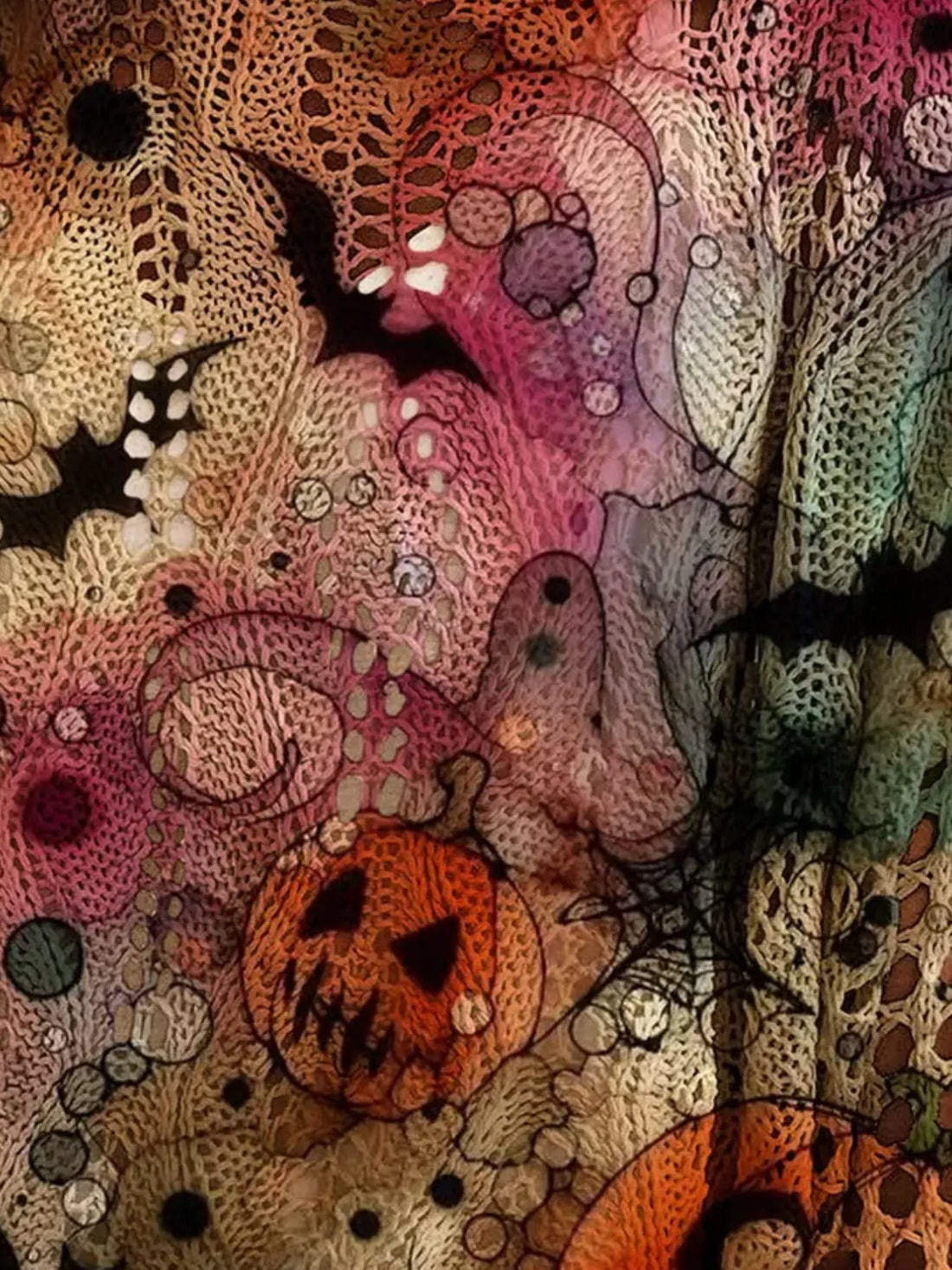 Plus size loose knit cover-up close-up with pink and purple Halloween print and orange pumpkin details.