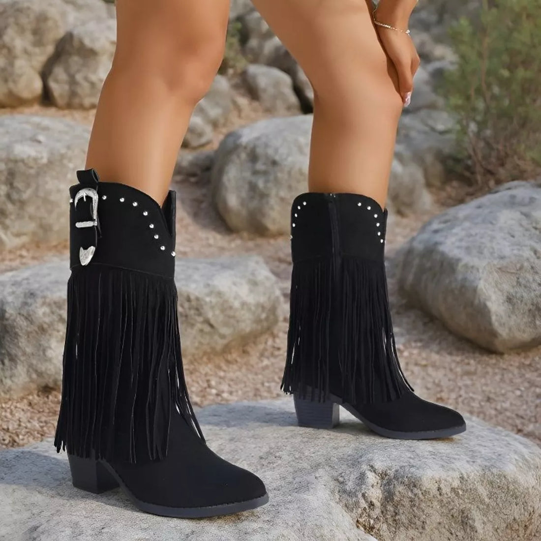Black fringe round-toe block-heel boots with studded strap and ankle buckle