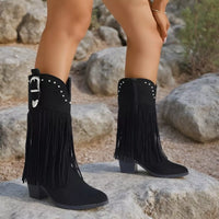 Black fringe round-toe block-heel boots with studded strap and ankle buckle