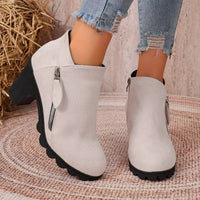 Beige suede ankle boots with round toe, block heel, and side zipper closure