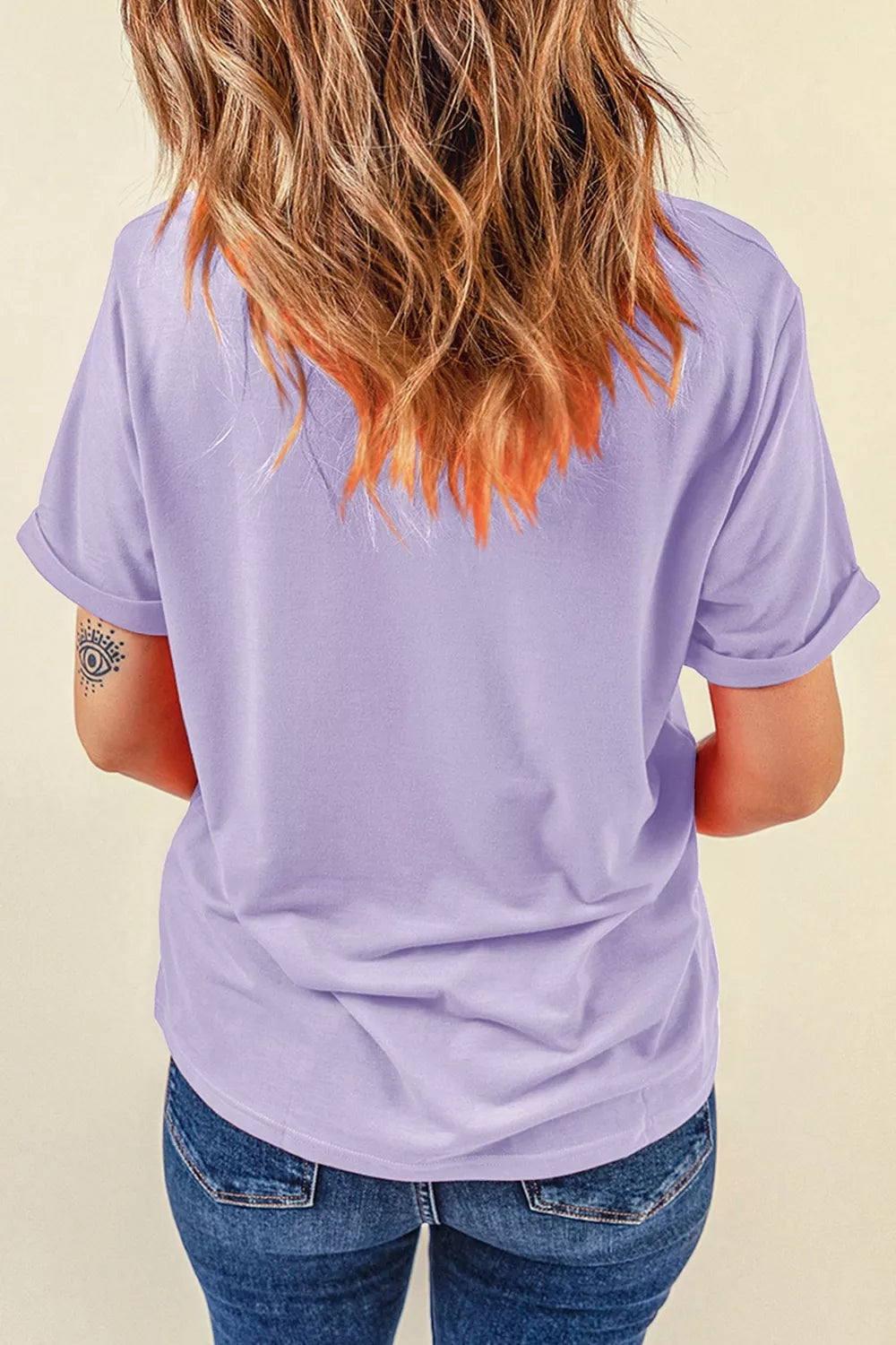 Lavender purple crew-neck T-shirt, back view with short sleeves