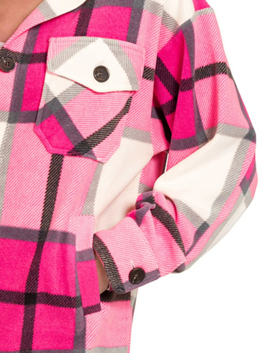 Hot pink plaid fleece shacket sleeve detail with buttoned cuff and pocket panel