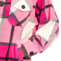 Hot pink plaid fleece shacket sleeve detail with buttoned cuff and pocket panel