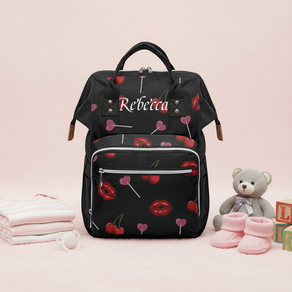 Diaper Bag Organizer Bags | Personalized Black Cherry & Red Lips Backpack
