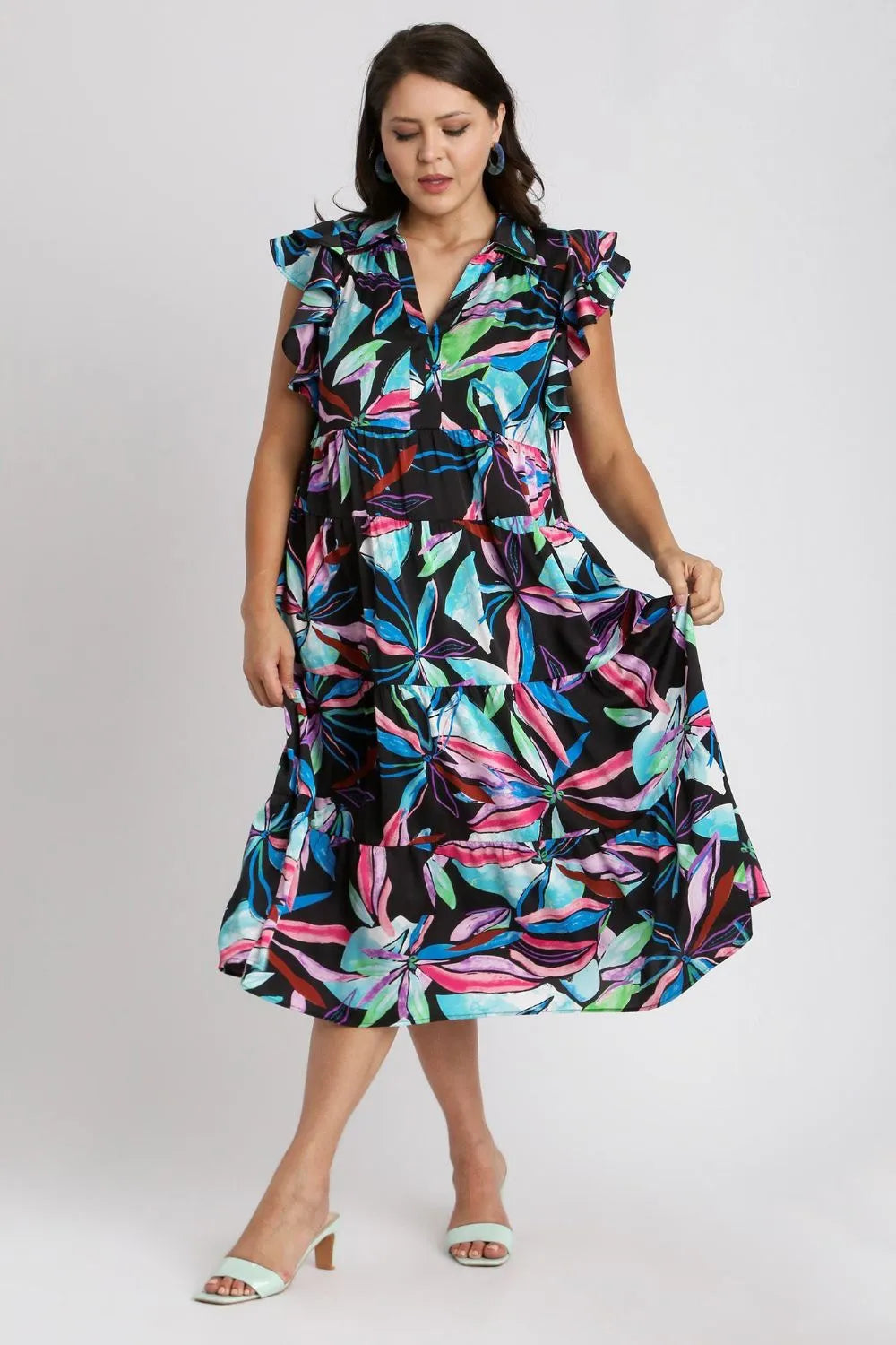 Plus size midi dress with ruffled sleeves, tiered midi skirt, multicolor leaf print.