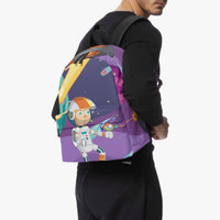 Kids backpack worn on person, purple space astronaut design with black shoulder straps