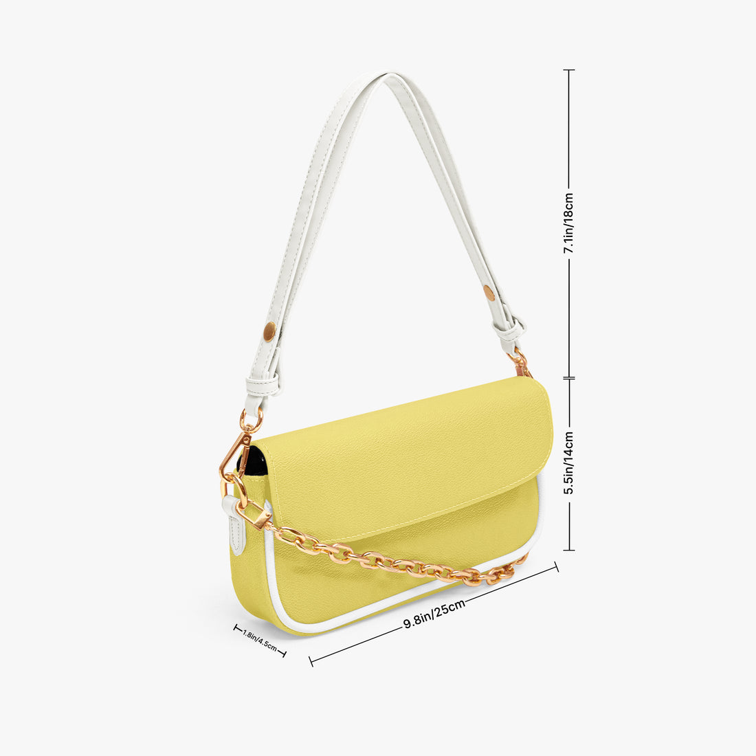 Yellow leather mini shoulder bag with white handle strap, gold chain, and flap front.