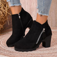 Black suede ankle boots with round toe, block heel, and side zipper closure