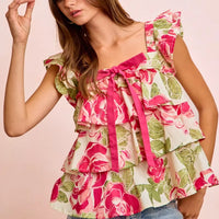 Floral ruffle square-neck top with bow tie, sleeveless tiers and pink-green rose print