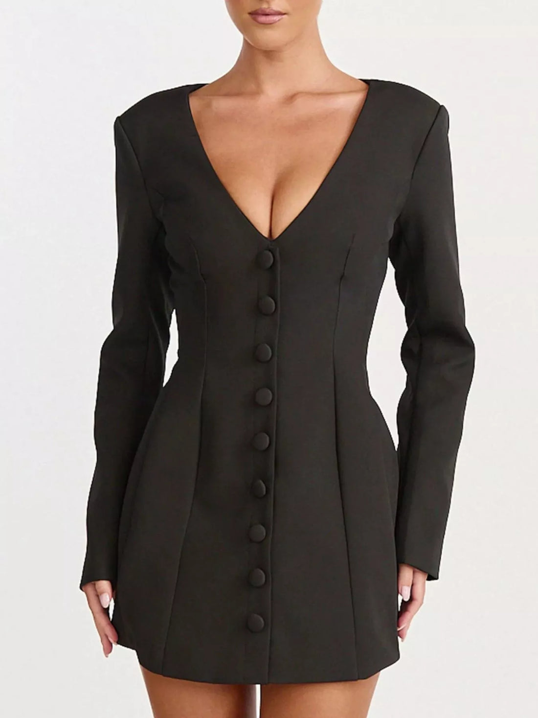 Black blazer dress with deep V-neck, long sleeves, and centered button front