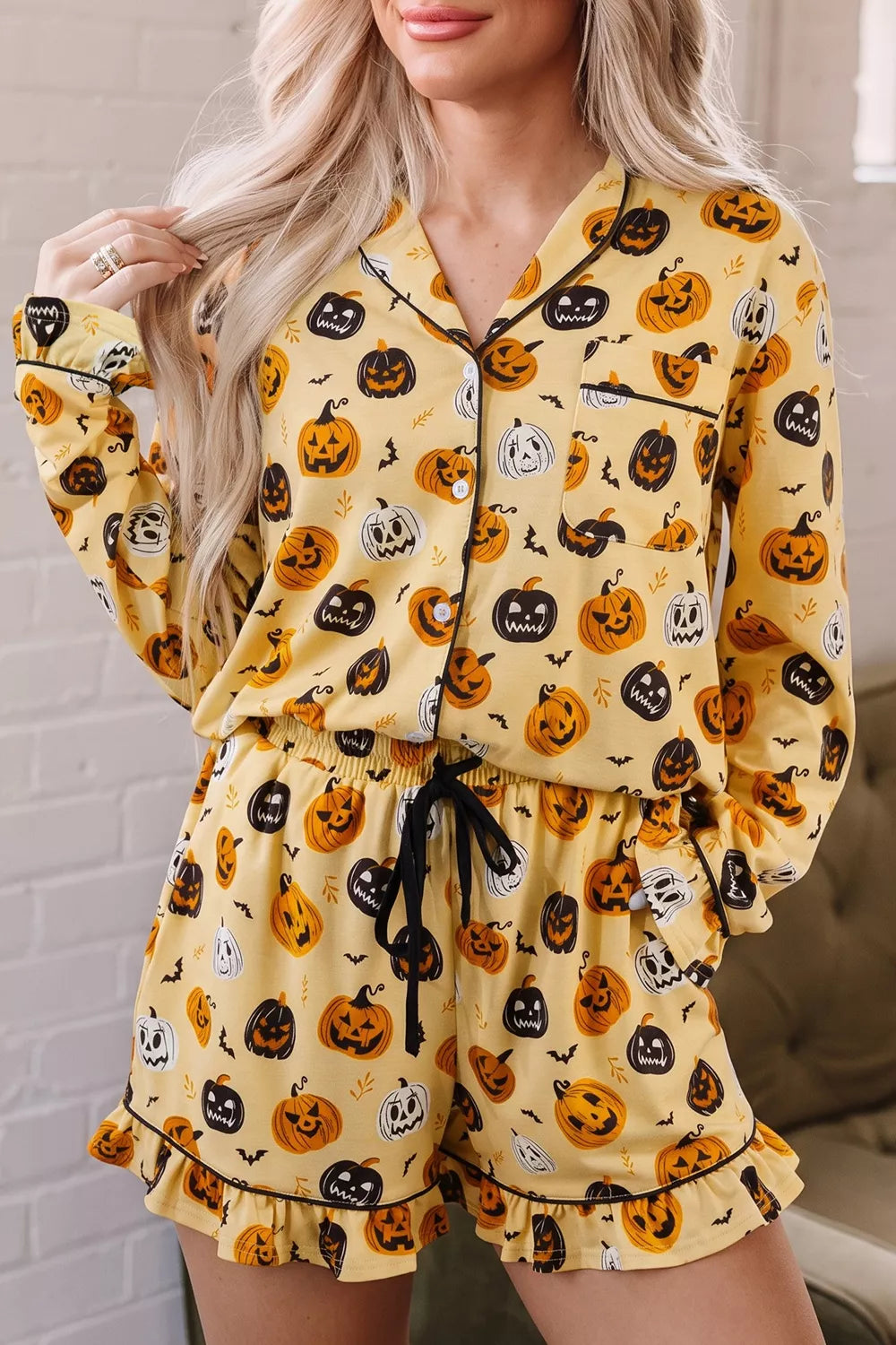 Gold Halloween pumpkin print lounge set, long-sleeve button top and matching shorts