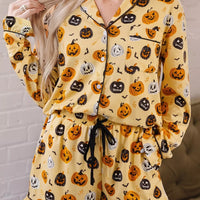 Gold Halloween pumpkin print lounge set, long-sleeve button top and matching shorts