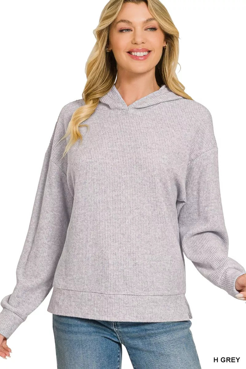 Grey pullover hoodie with hood, front pouch pocket, ribbed cuffs and hem