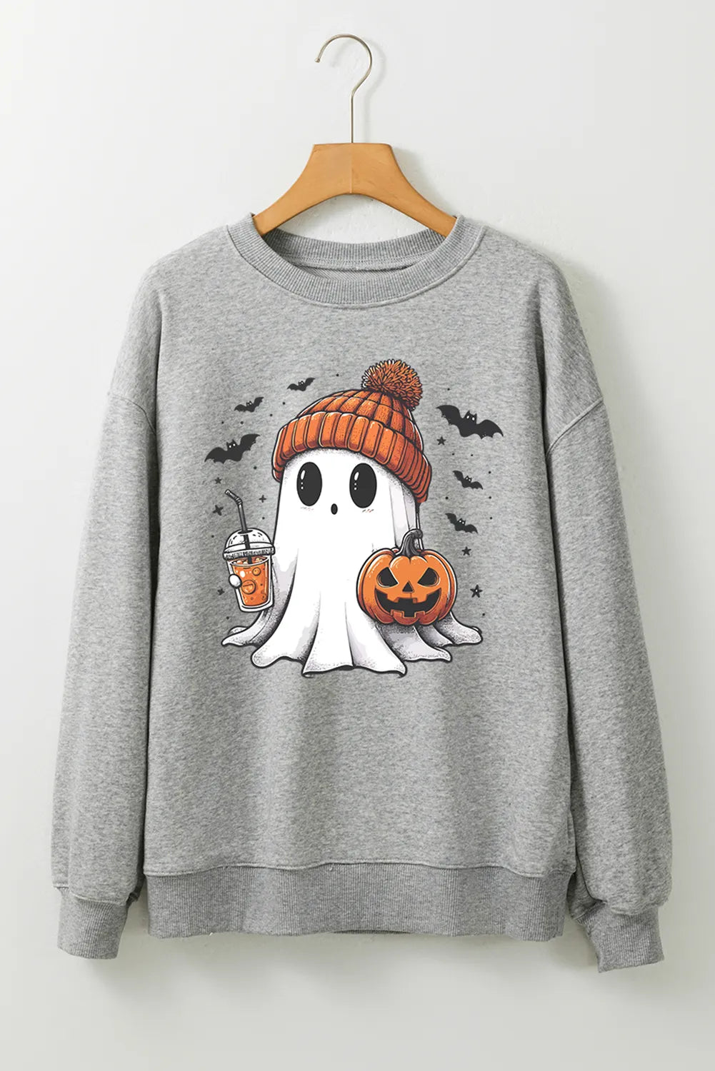 Gray long-sleeve crew sweatshirt with ghost graphic, striped beanie and jack-o’-lantern
