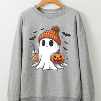 Gray long-sleeve crew sweatshirt with ghost graphic, striped beanie and jack-o’-lantern