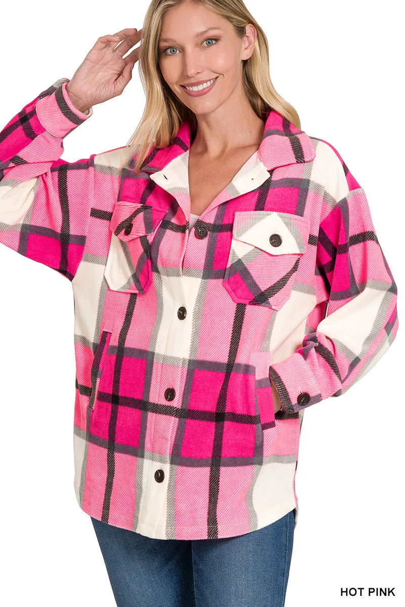 Oversized hot pink plaid fleece shacket with collar, chest pockets, snap front
