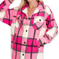 Oversized hot pink plaid fleece shacket with collar, chest pockets, snap front