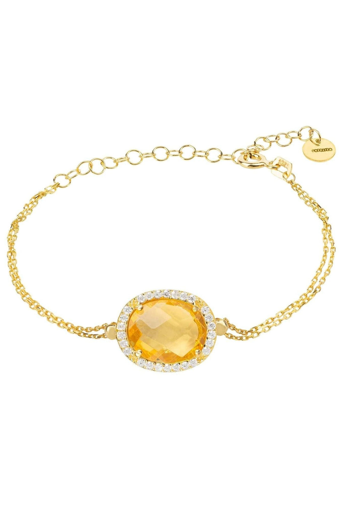 Gold oval gemstone bracelet with citrine center and crystal halo accents