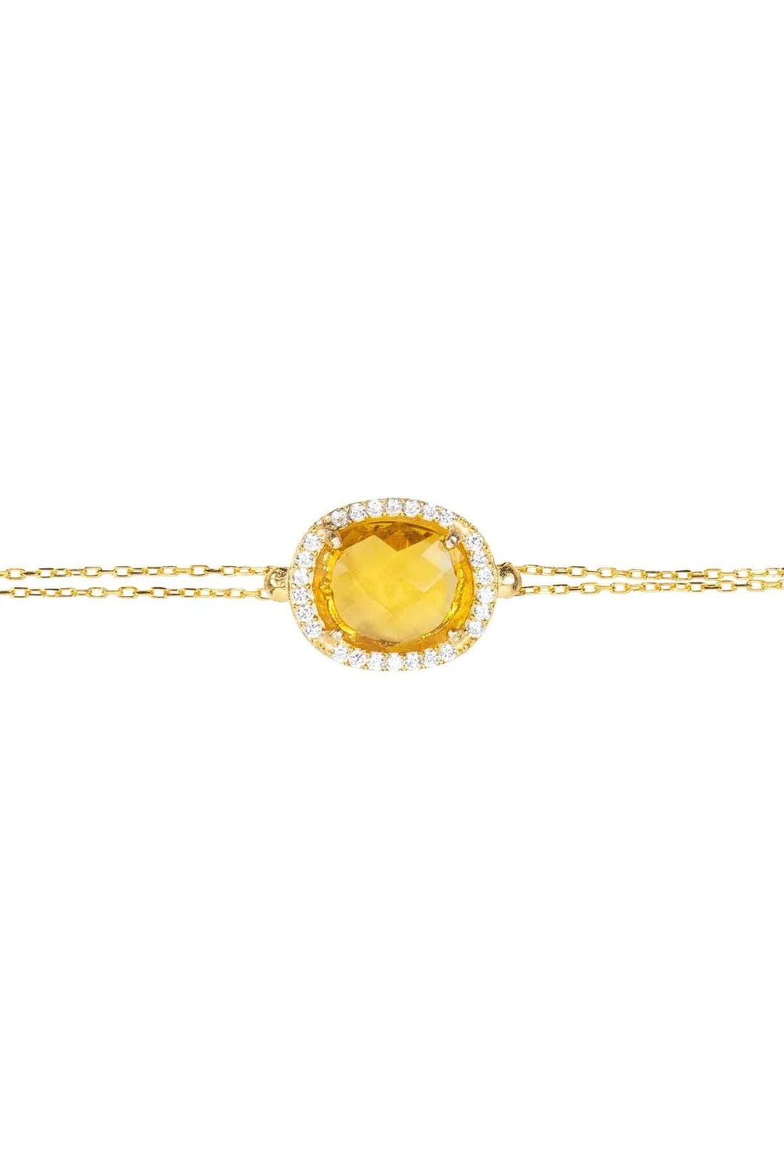 Gold chain citrine oval gemstone bracelet with round crystal halo centerpiece