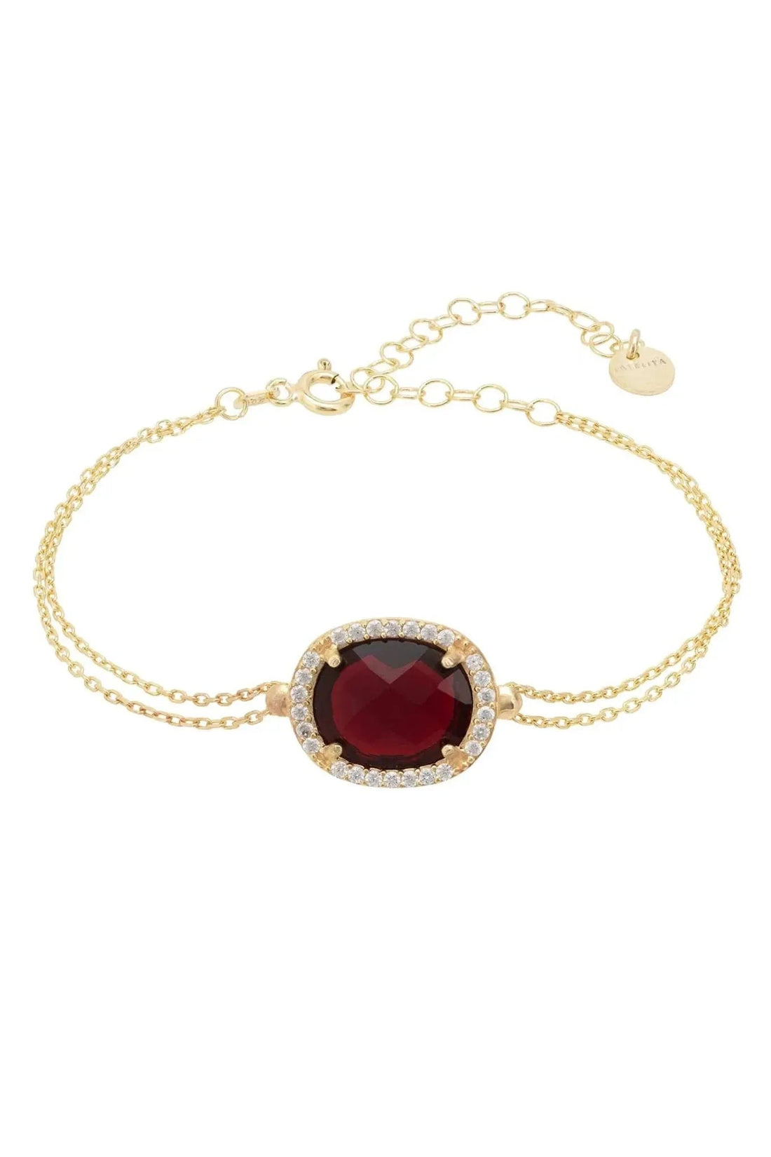 Gold bracelet with oval garnet gemstone and clear stone border