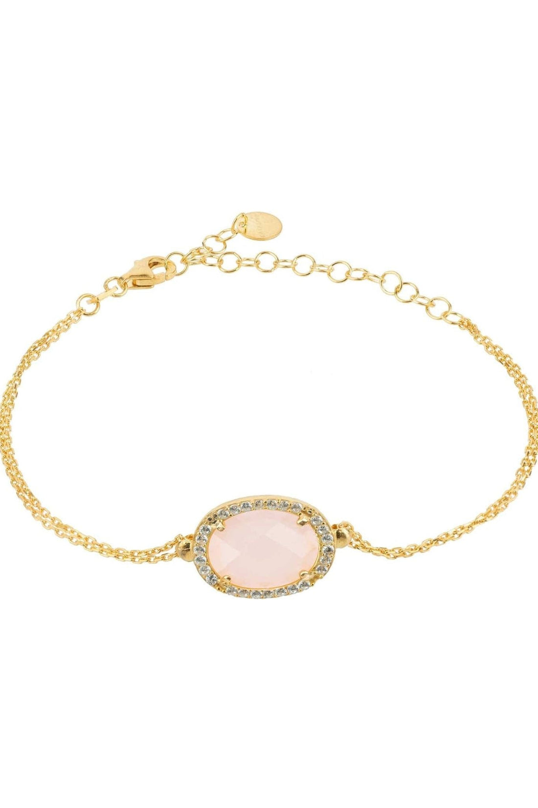 Gold-tone oval gemstone bracelet with pink cabochon and crystal halo