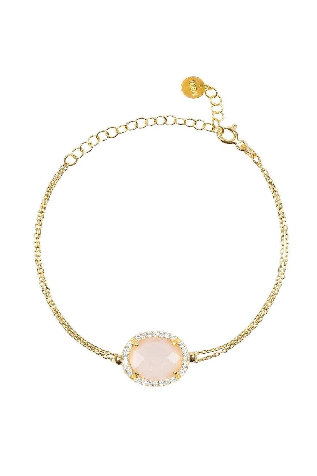 Gold bracelet with oval rose quartz gemstone and pavé border