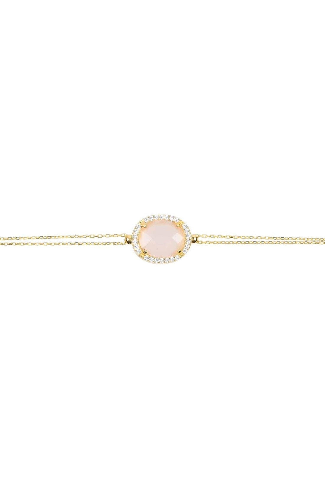 Gold bracelet with oval rose quartz gemstone and pavé halo