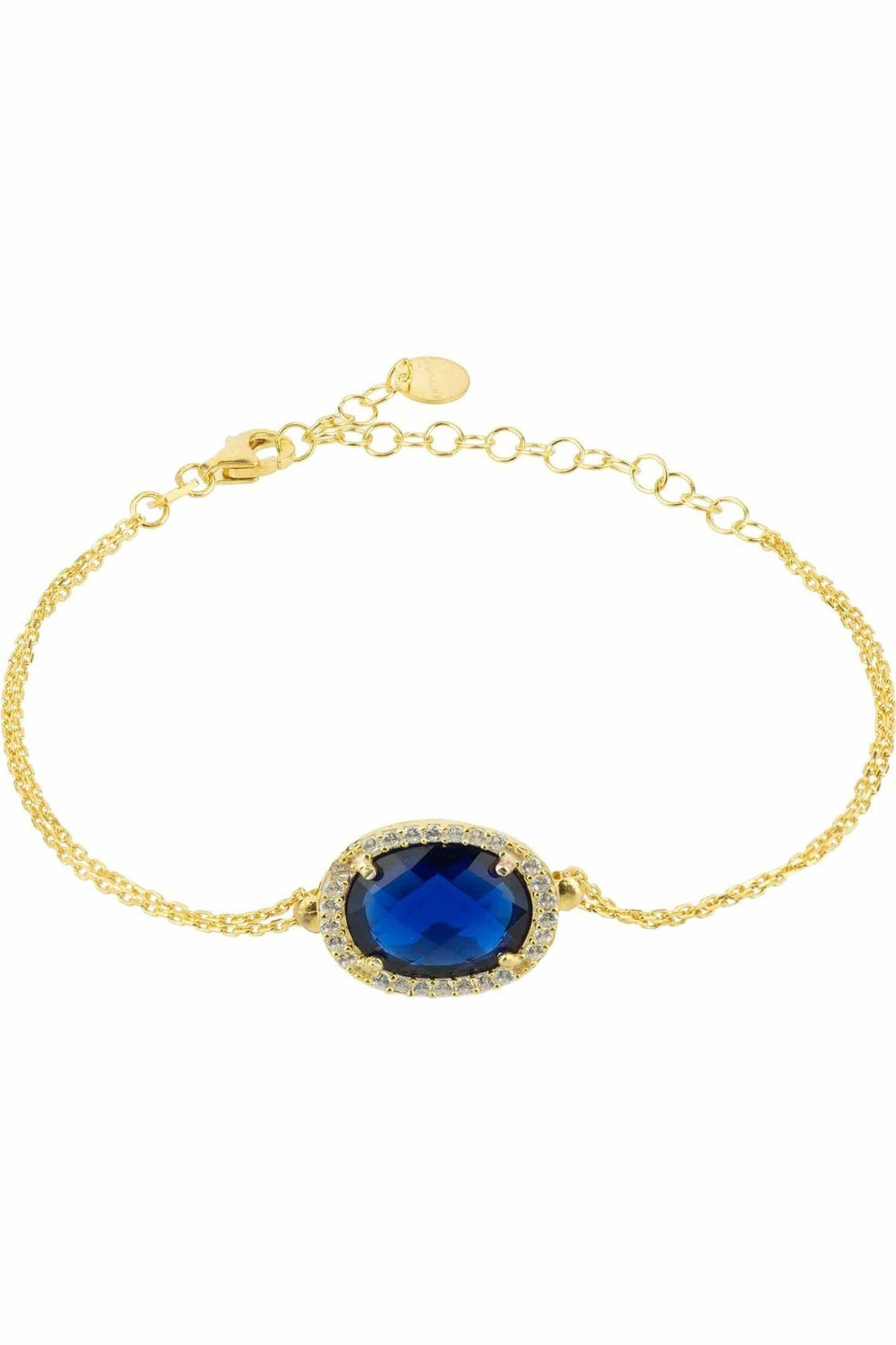 Gold chain oval gemstone bracelet with blue center stone