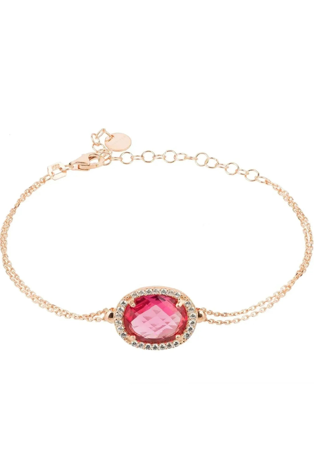 Rose gold oval pink gemstone bracelet with round halo centerpiece
