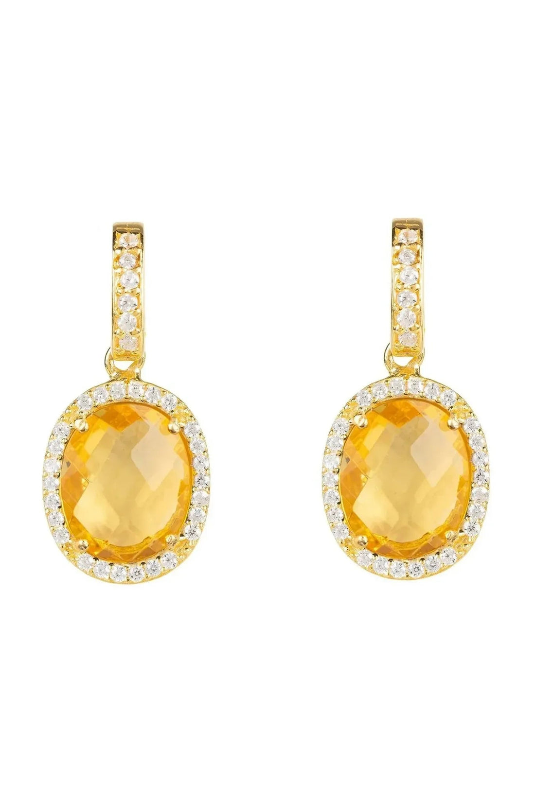 Gold oval gemstone drop earrings with citrine center and crystal halo
